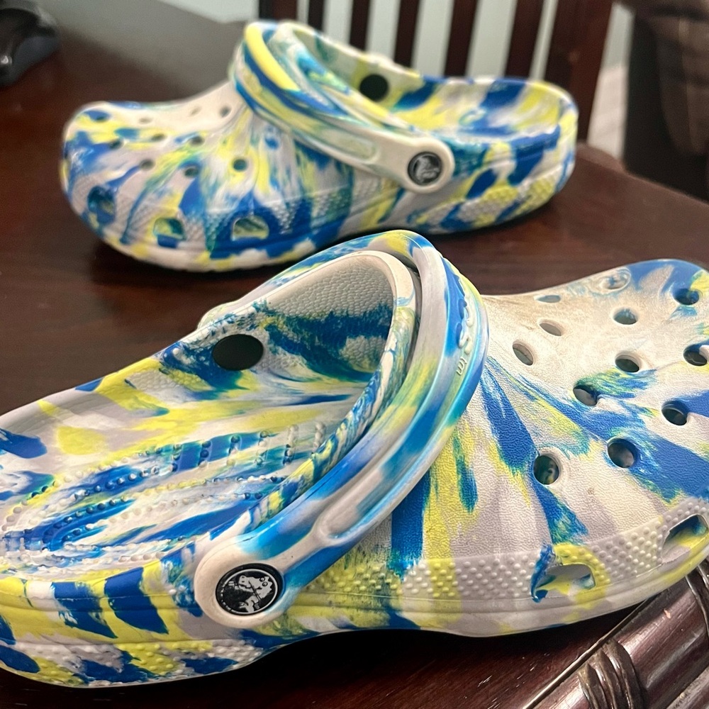CROCS Blue and Yellow Tye Dye Clogs